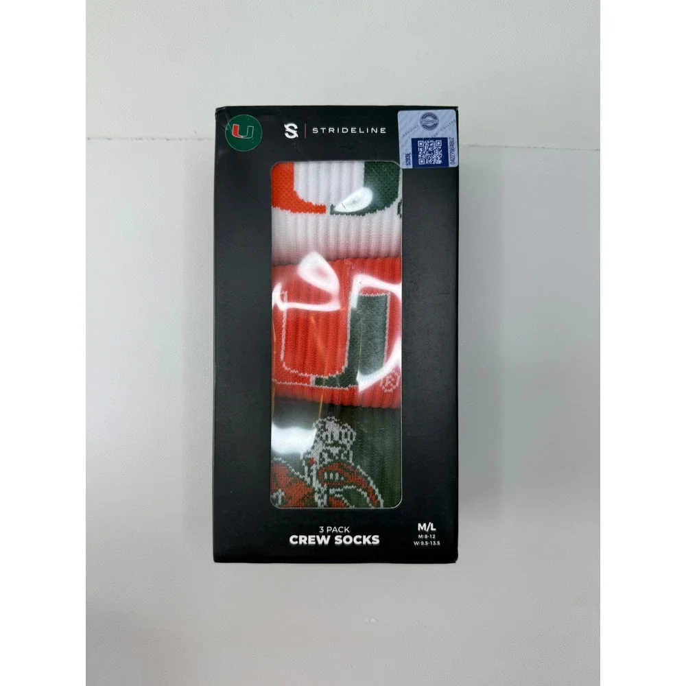 Strideline Miami Hurricanes NCAA Premium Cushion Crew Socks 3 Pack Mens M/L NEW